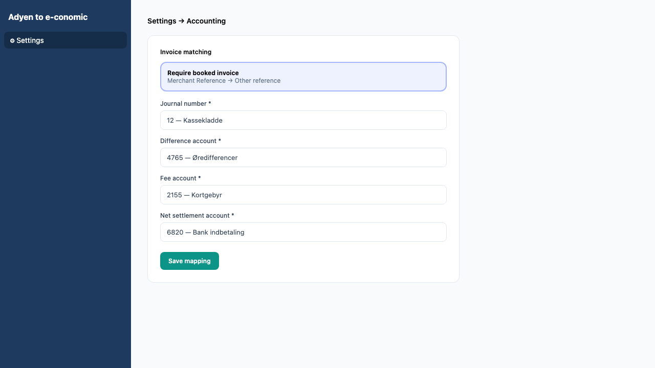Settings Accounting tab with journal and account mapping