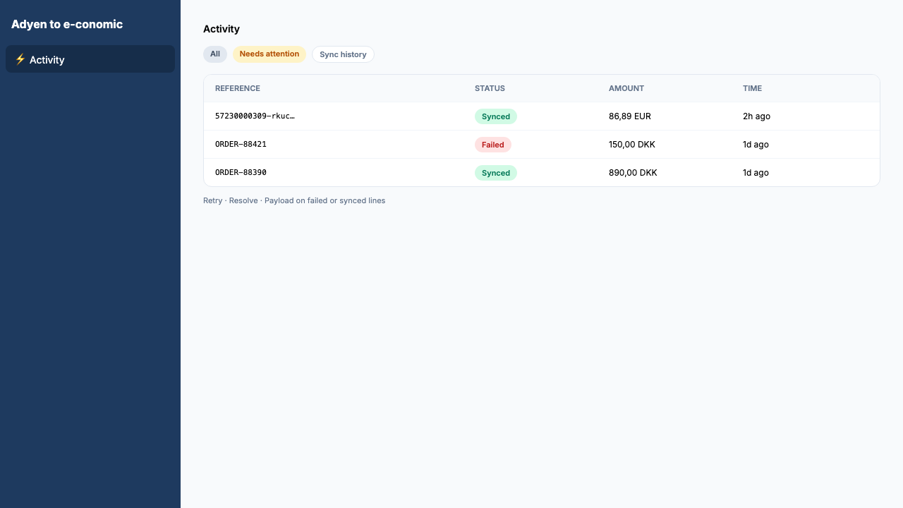 Activity page with payment list and status filters