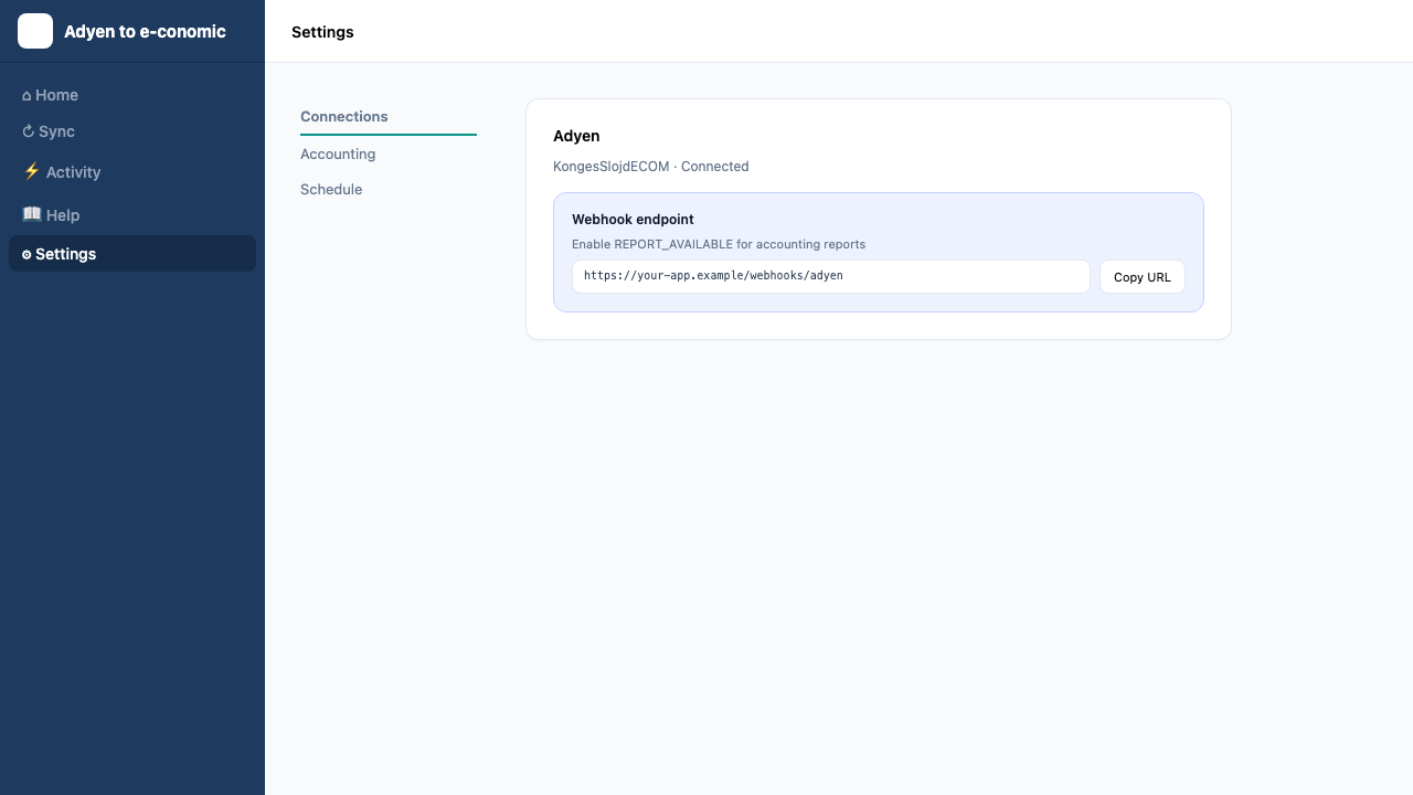 Settings Connections tab with AltaPay credentials